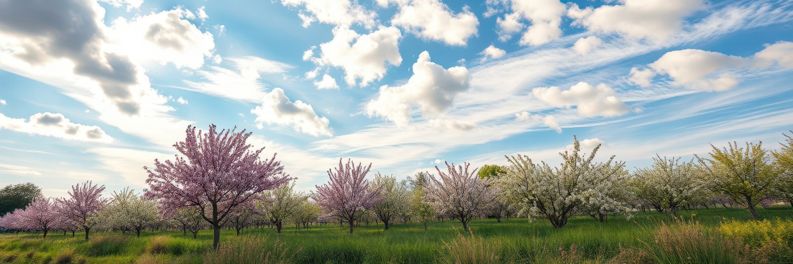 Rows of blossoming fruit trees fill a grassy field under a mostly sunny sky